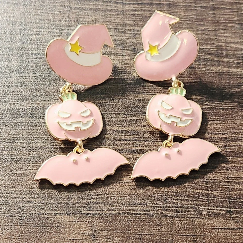 Pink Halloween Enamel Dangle Earrings Witch Hat‎ Pumpkin Bat Pastel Goth Spooky